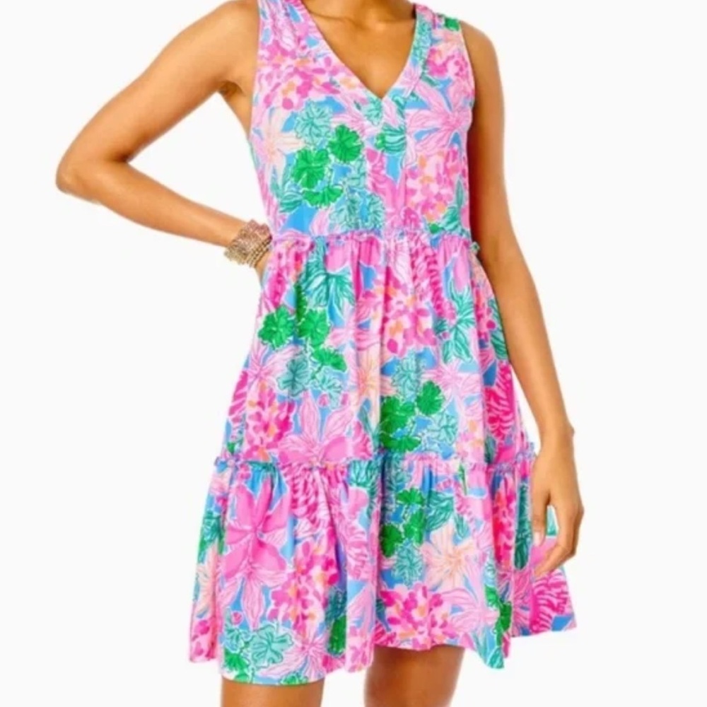 Lilly Pulitzer Lorina Floral V-Neck Tiered Swing Dress in Multi Tigers Lair xxs - Picture 7 of 8